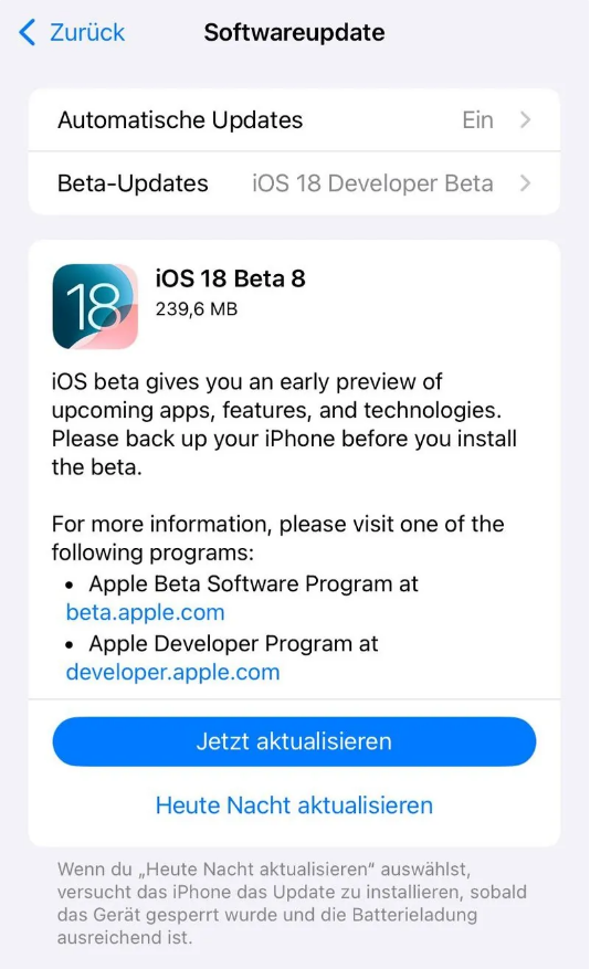 平桥苹果手机维修分享苹果 iOS / iPadOS 18 开发者预览版 Beta 8 发布 